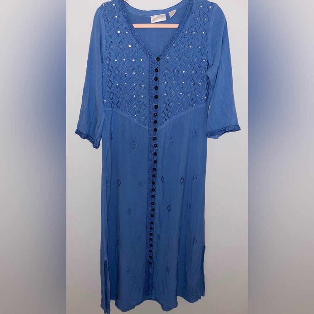 Soft Surroundings Blue Embroidered Gold Sequin Elegant Maxi Dress Size Medium